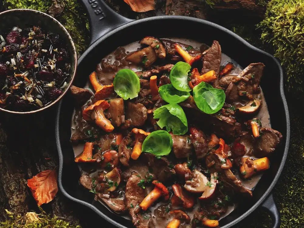 Wild game strips with wild mushrooms
