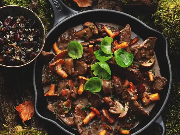 Wild game strips with wild mushrooms