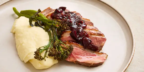 Duck Breast With Cherry Hoisin Sauce, Pommes Purée And Charred Broccoli Recipe