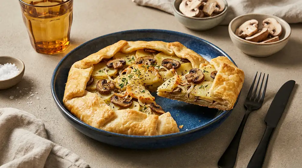 Rustic potato and mushroom galette with spicy mountain cheese