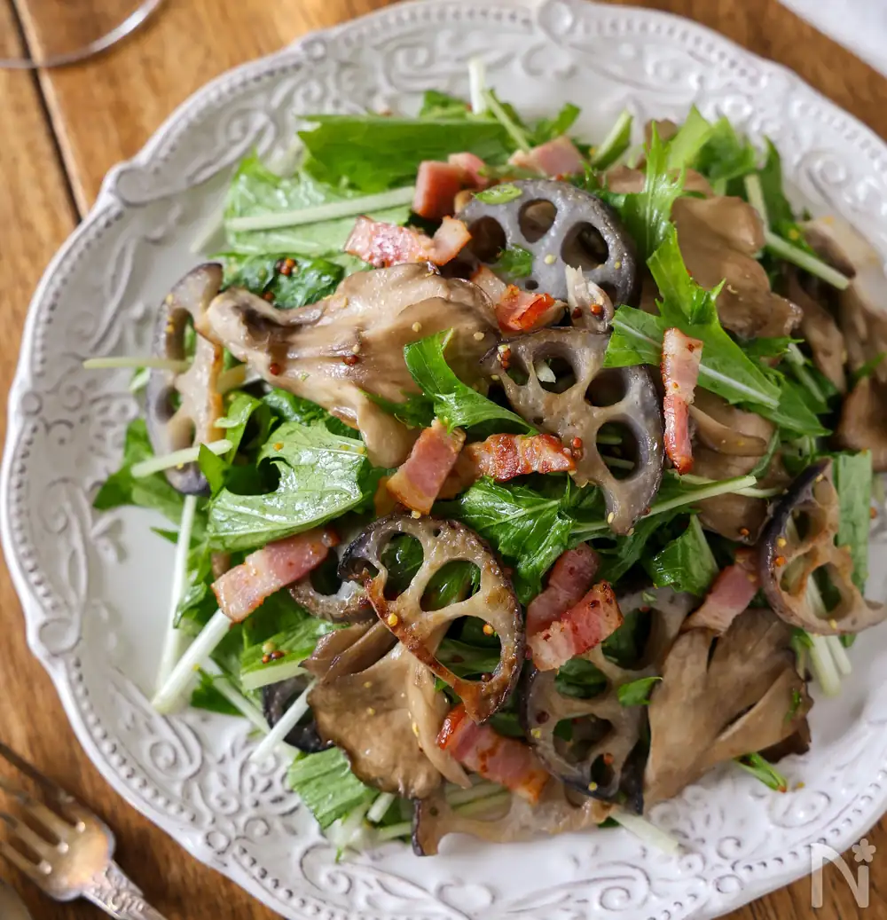 Deli-style mustard salad with lotus root and maitake mushrooms