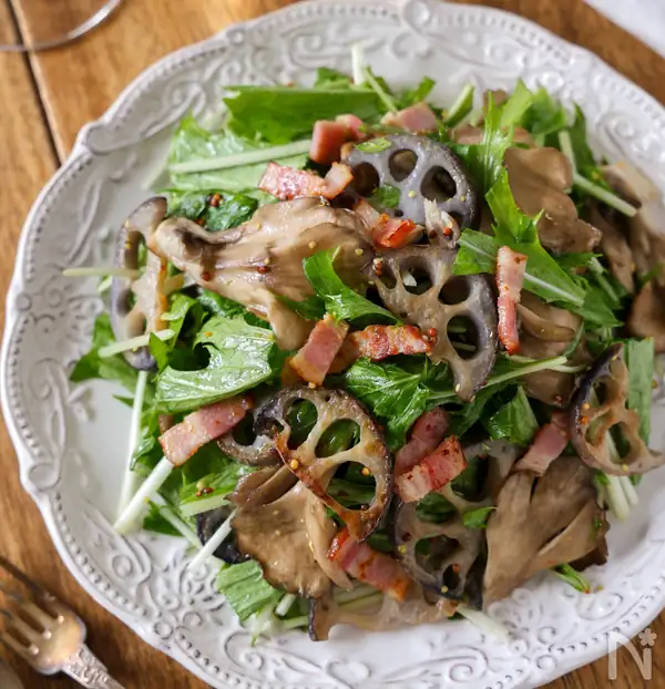 Deli-style mustard salad with lotus root and maitake mushrooms