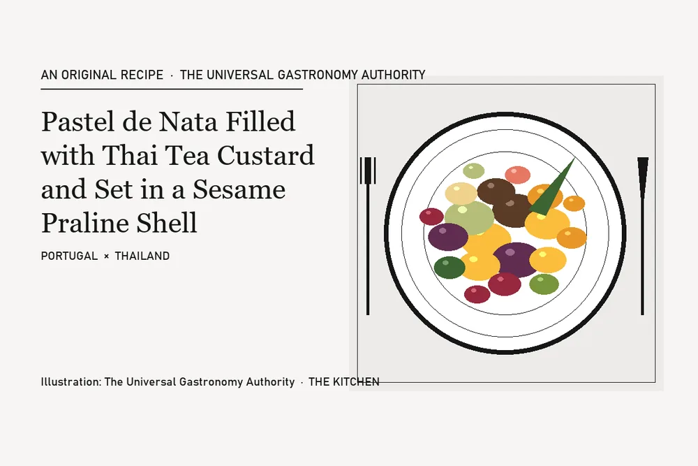Pastel de Nata Filled with Thai Tea Custard and Set in a Sesame Praline Shell