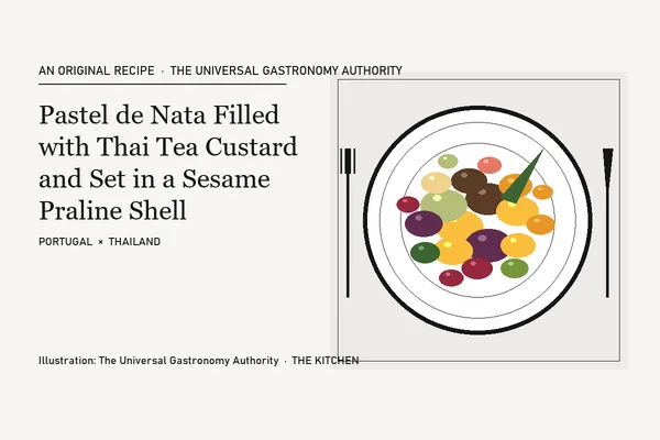 Pastel de Nata Filled with Thai Tea Custard and Set in a Sesame Praline Shell