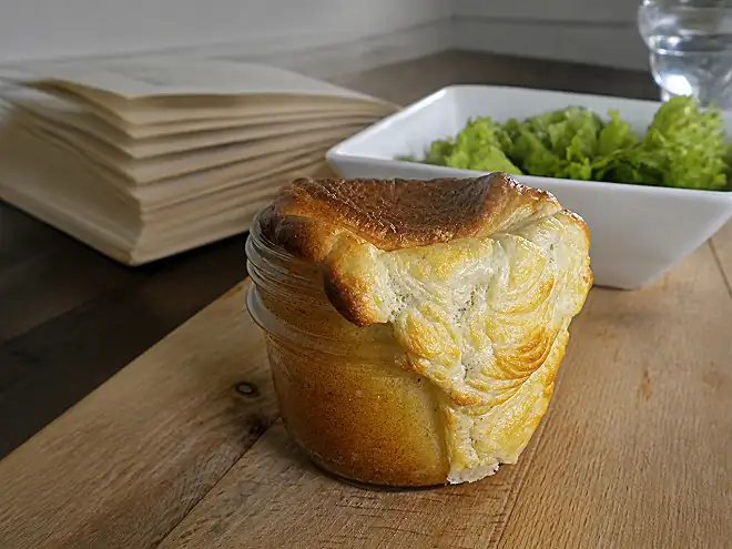 Cheese soufflé, nicely risen and airy