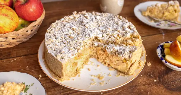 Simple apple and nut cake with vanilla pudding
