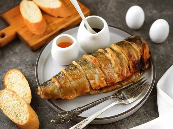 Baked mackerel with mustard and mayonnaise