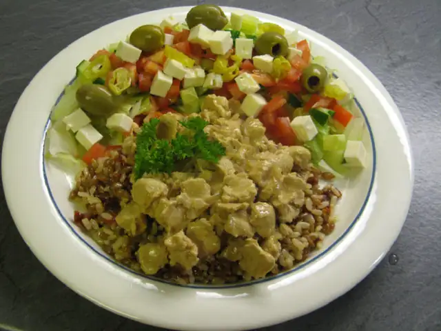 satay soy pieces and rye tomato rice