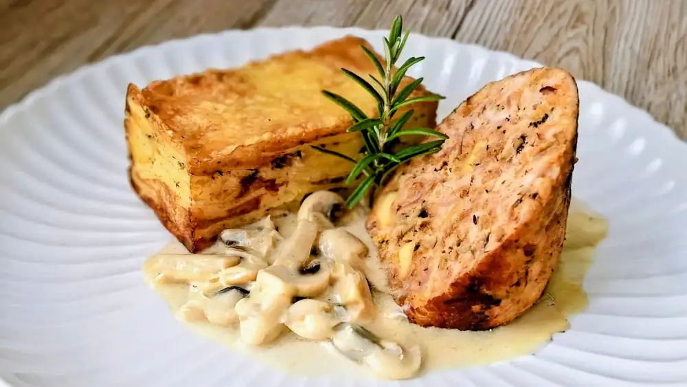 Pork chop with potato pavé and mushroom sauce