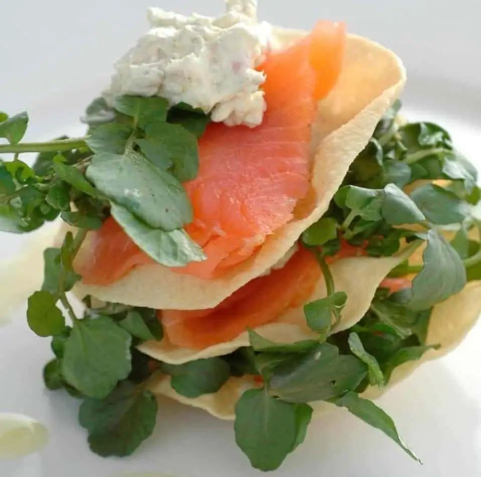 Smoked Salmon Pappadum Stack with Lime Mascarpone & Watercress