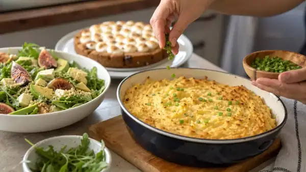 Today's menu, September 30th: a sweet and savory salad, a shrimp parmentier, and a giant cookie cake