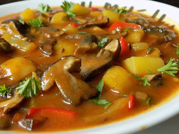 Potato goulash on bacon with mushrooms