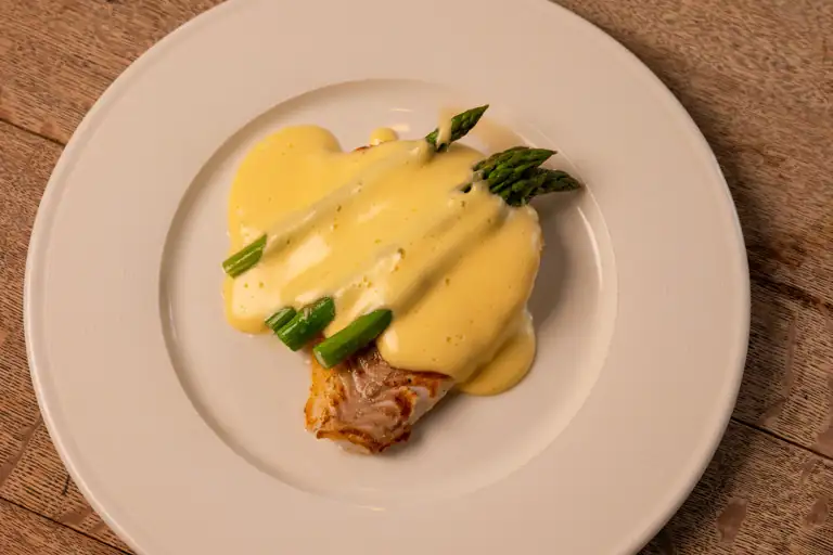 Pan-fried turbot with smoked butter hollandaise and asparagus recipe