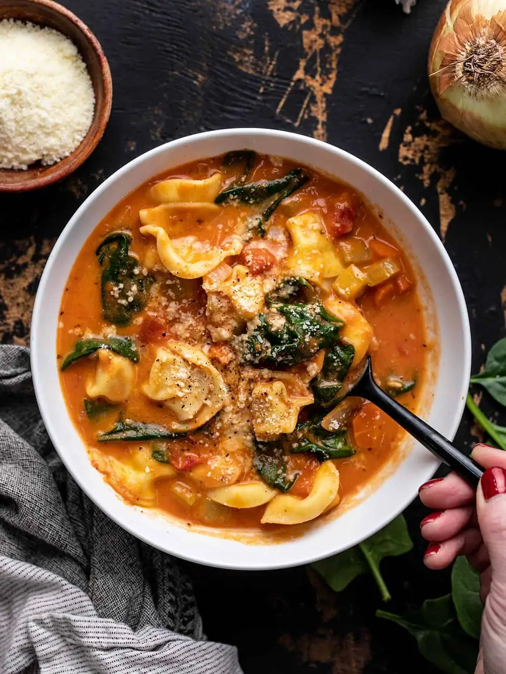 Creamy Spinach Tortellini Soup—everything you want in a cozy bowl