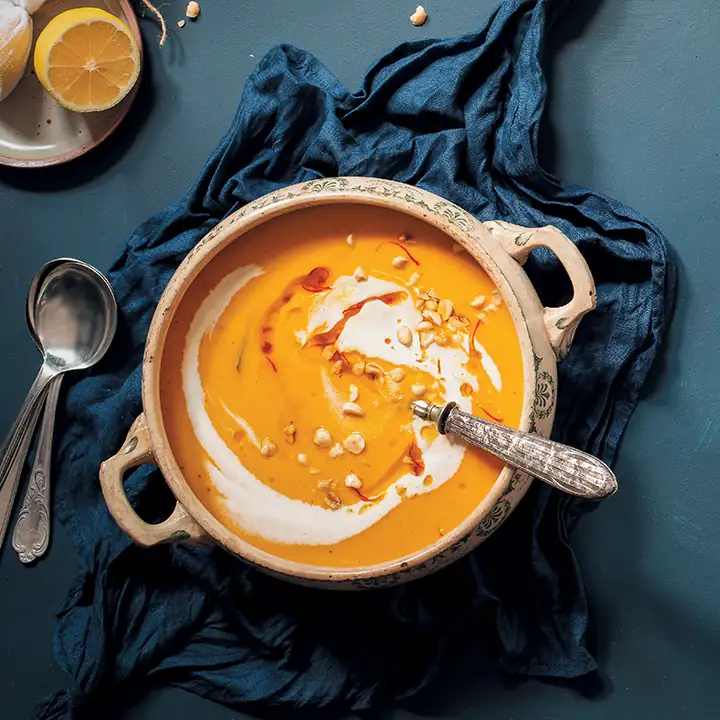 Roasted butternut and clementine soup with lemony saffron oil
