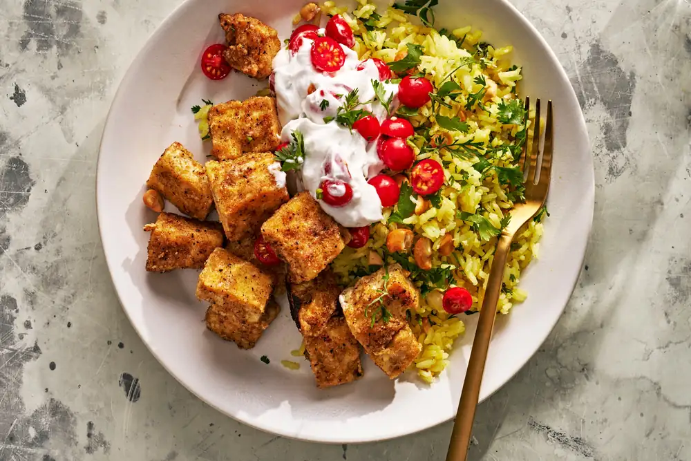 Crispy Masala Tofu With Lemon Rice and Raita