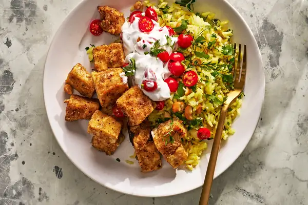 Crispy Masala Tofu With Lemon Rice and Raita