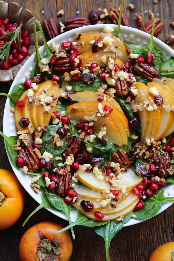 Pear and Pomegranate Spinach Salad with Maple-Lemon Mustard Dressing