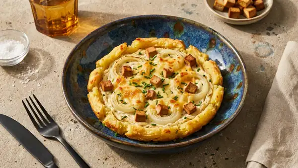 Crispy smashed potato tart with vegan quark filling