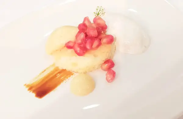 Sponge cake, pine nut ice cream, pomegranate and yogurt foam