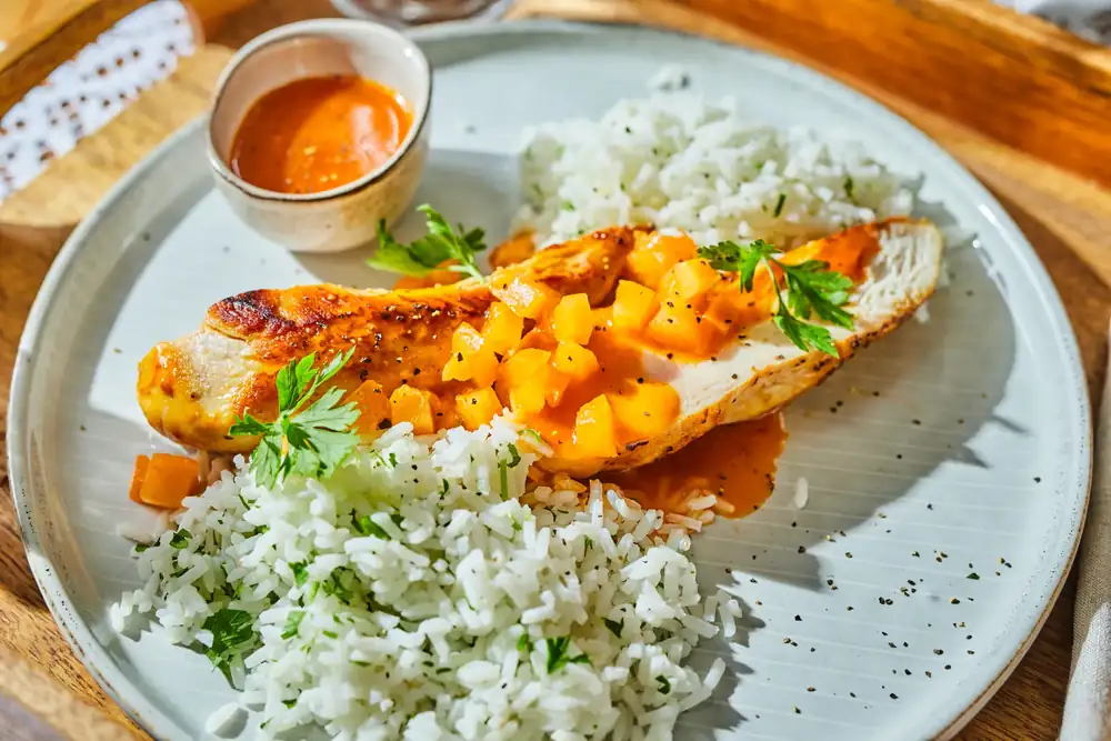 Apricot chicken with rice