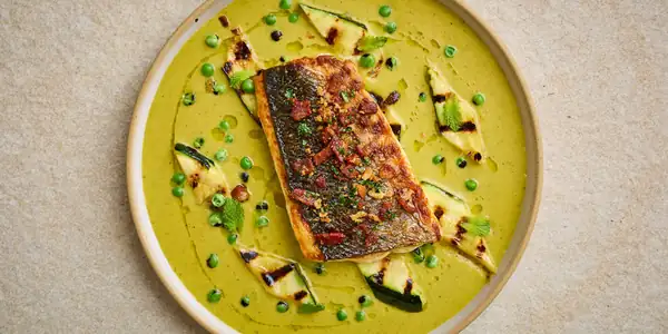 Sea Bass With Smoky Pea And Mint Sauce Recipe