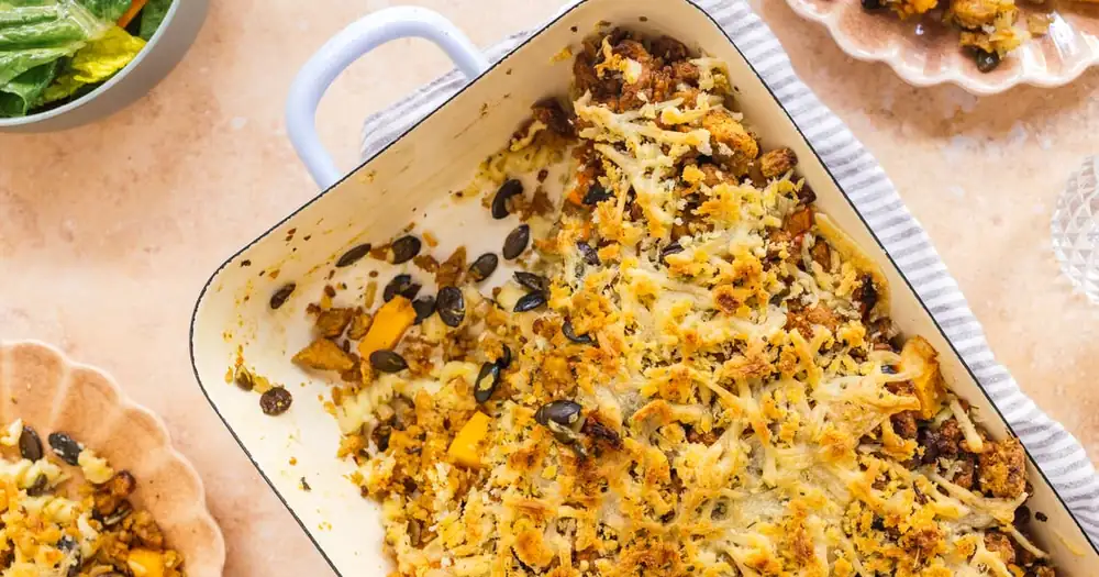 Cazuela vegana de calabaza y carne picada
