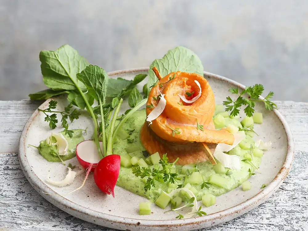 Char rolls on cucumber and herb cream