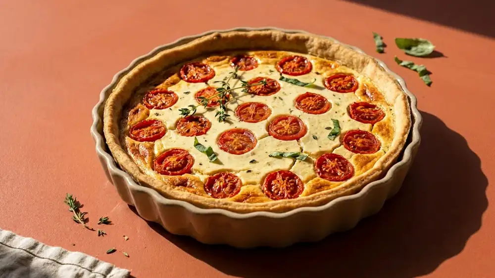 Vegan tomato quiche with creamy tofu and a crispy crust