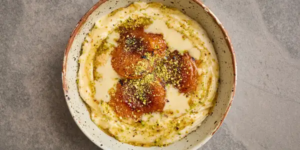 Caramelised Apricots With Tahini Cream And Pistachio Crumb Recipe
