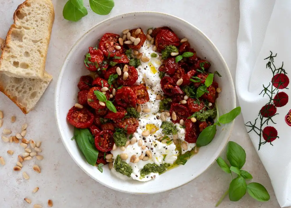 Burrata with baked tomatoes and pesto