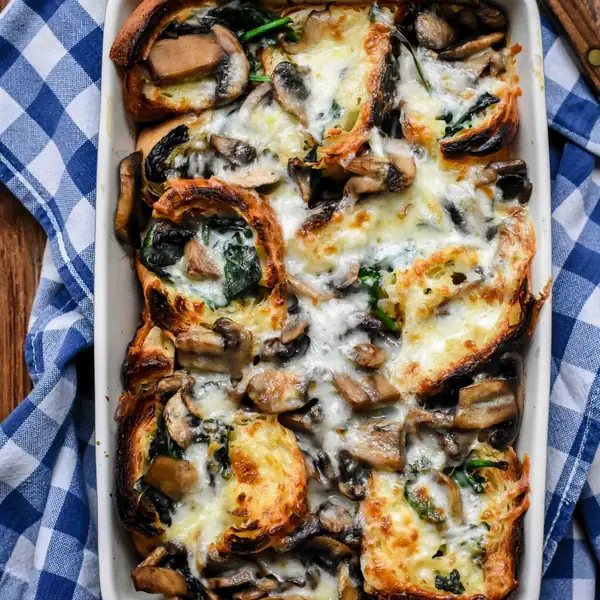 Savory Croissant Casserole with Mushroom, Spinach and Cheese