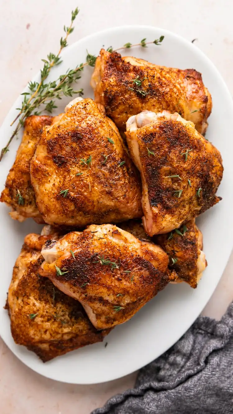 Muslos de pollo al horno (jugosos con piel crujiente)