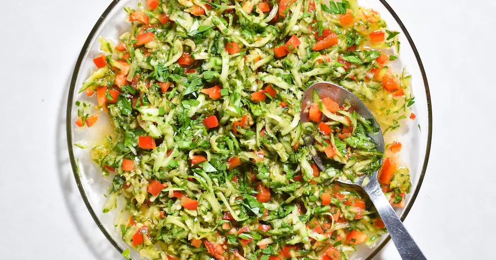 Cucumber Slaw with Garlicky Tomato Vinaigrette