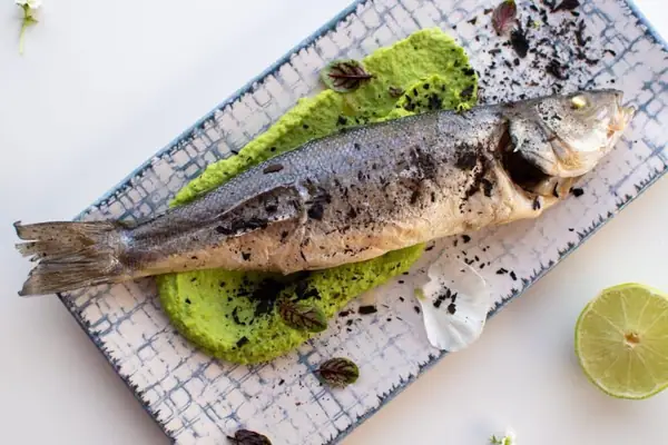 Oven-Baked Sea Bass with Mashed Peas & Leek Ash