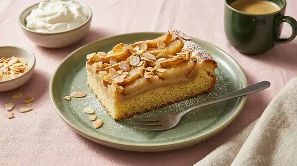 A must-have for the coffee table: fruity pear and marzipan sheet cake with fluffy yeast dough