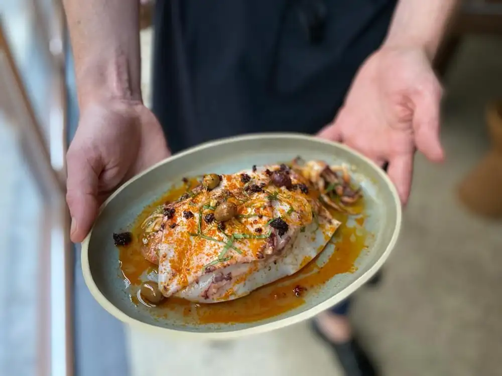 Squid, tomato salad and nduja by Florent Peineau