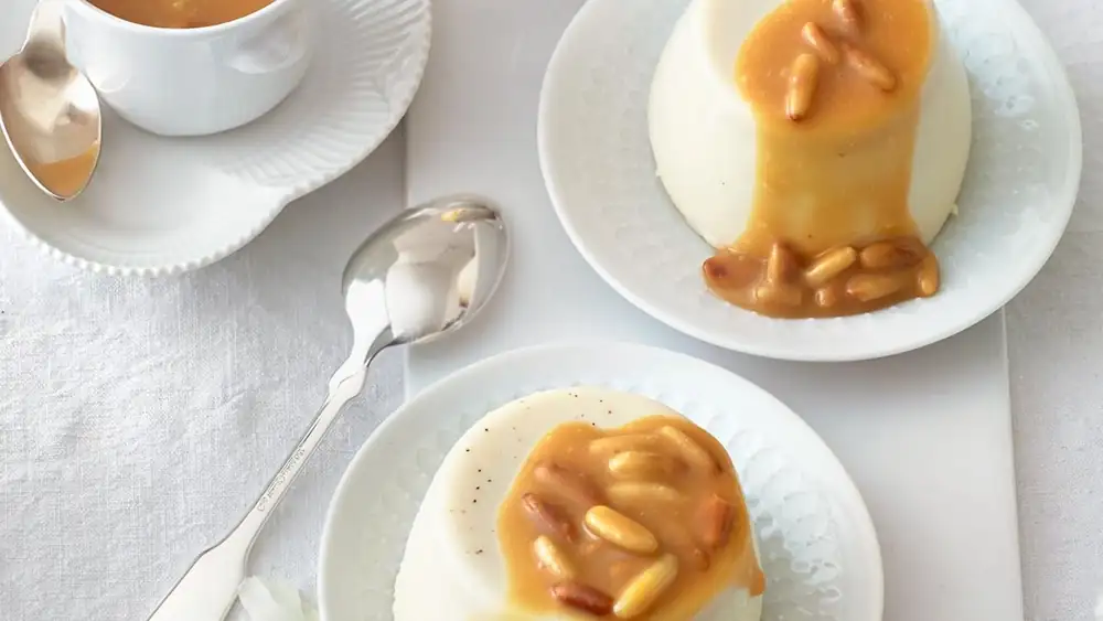 Coffee panna cotta with pine nut caramel sauce