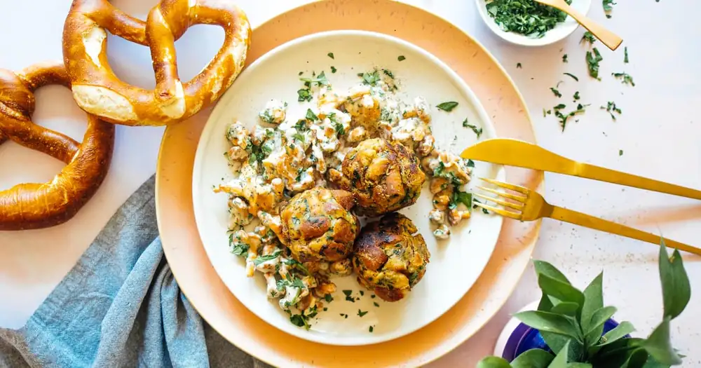 Vegan pretzel dumplings with chanterelle ragout