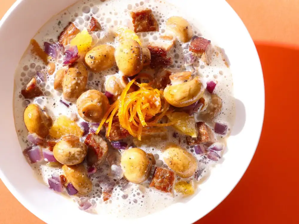 Veal cream goulash soup with cinnamon and oranges