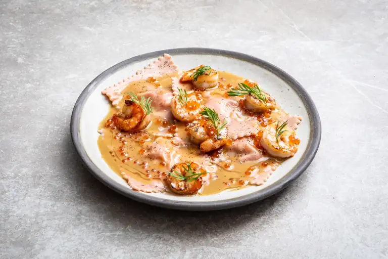 Pink Prawn Ravioli with Champagne Beurre Blanc Recipe