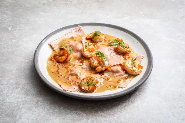 Pink Prawn Ravioli with Champagne Beurre Blanc Recipe