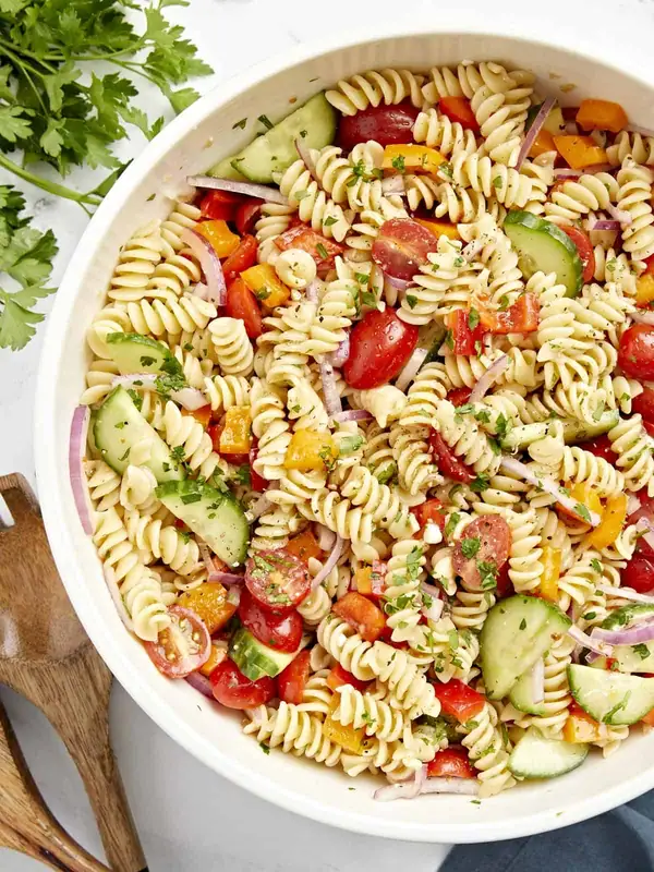 This is my go-to pasta salad for summer potlucks and BBQs!