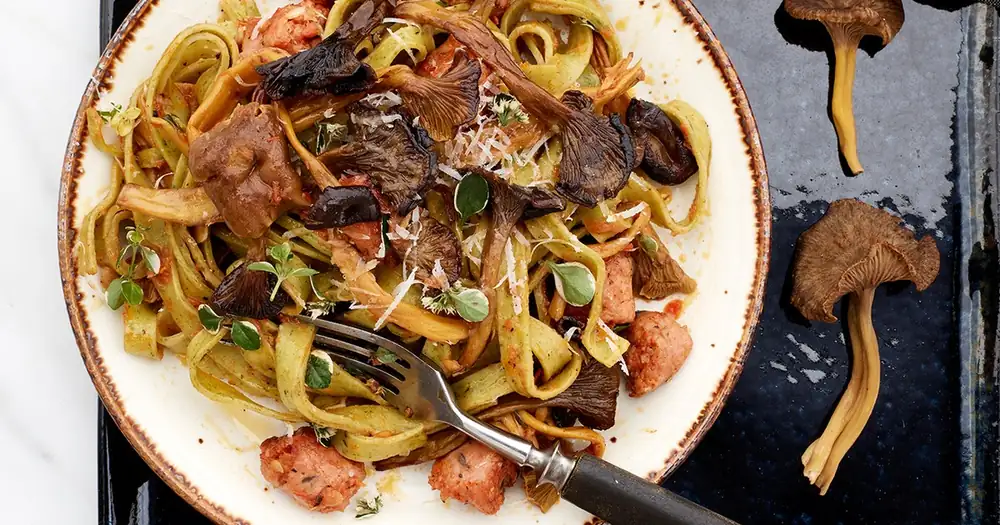 Funnel waffle and sausage pasta