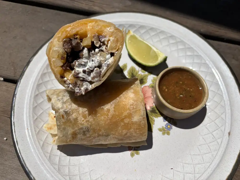 A California burrito is steak, fries, cheese and sour cream in a flour tortilla