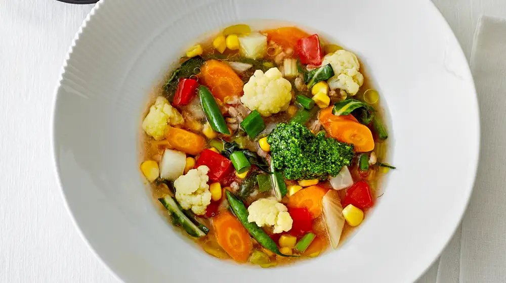“End of Summer” soup with lots of vegetables and pistou
