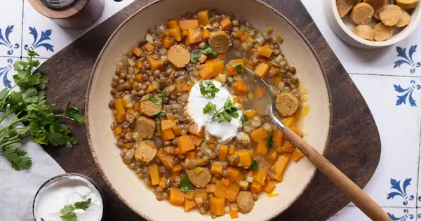Vegan lentil stew with sausages