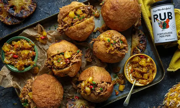 Peri Peri Pulled Pork Vetkoek with Braaied Pineapple Atchar
