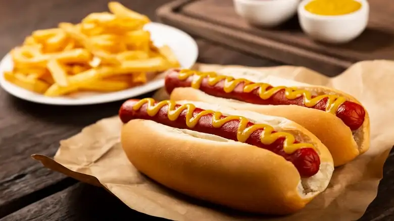 The pork rinds and papaya add a crunchy touch to the hot dog.