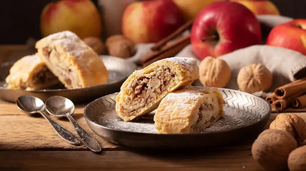 Bake a delicate apple strudel without rising. Fold the dough over the apples and bake